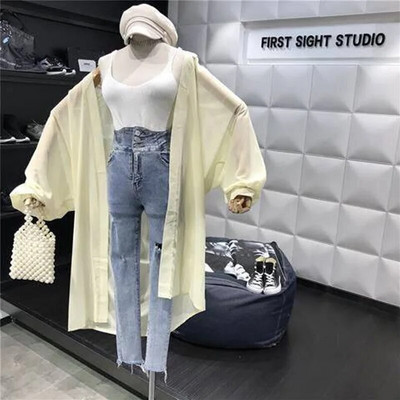 Ljeto, novi kaput s mjehurićim rukavima i kremom za sunčanje, jednobojni široki srednji i dugi kardigan od šifona, gornje majice, modna, elegantna ženska odjeća