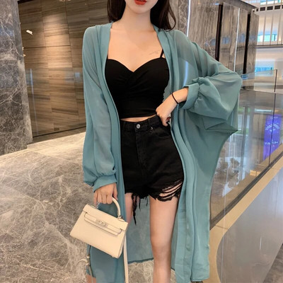 Ljeto, novi kaput s mjehurićim rukavima i kremom za sunčanje, jednobojni široki srednji i dugi kardigan od šifona, gornje majice, modna, elegantna ženska odjeća