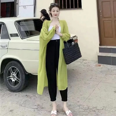 Ljeto, novi kaput s mjehurićim rukavima i kremom za sunčanje, jednobojni široki srednji i dugi kardigan od šifona, gornje majice, modna, elegantna ženska odjeća