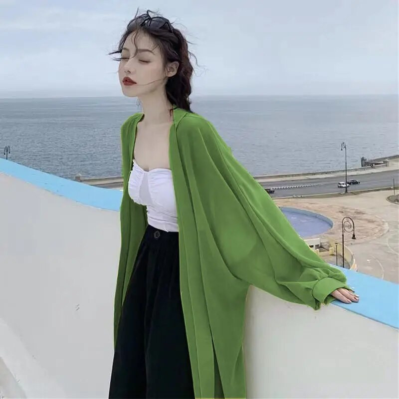 Ljeto, novi kaput s mjehurićim rukavima i kremom za sunčanje, jednobojni široki srednji i dugi kardigan od šifona, gornje majice, modna, elegantna ženska odjeća