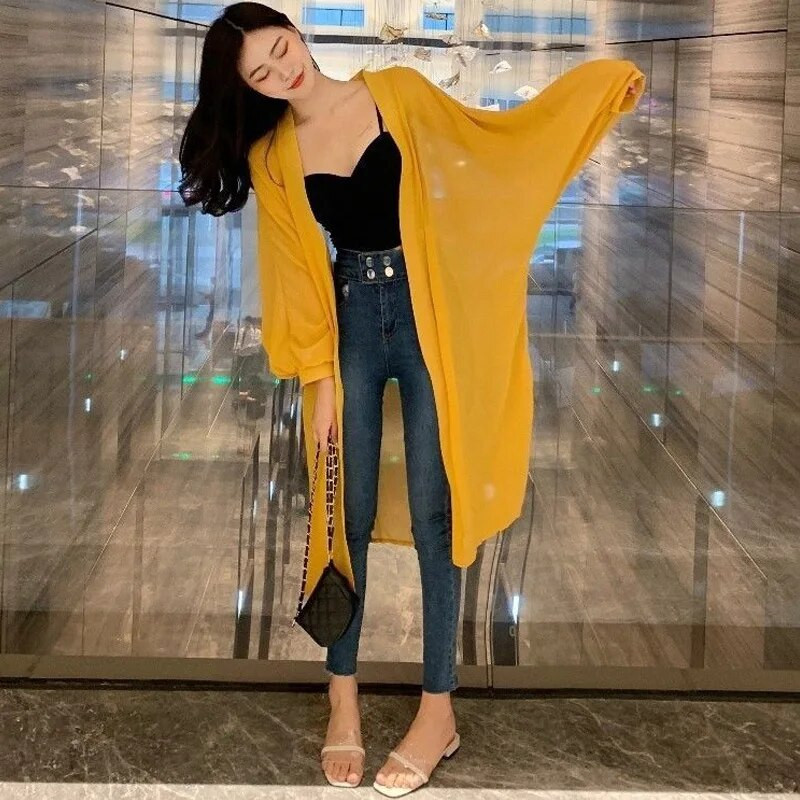 Ljeto, novi kaput s mjehurićim rukavima i kremom za sunčanje, jednobojni široki srednji i dugi kardigan od šifona, gornje majice, modna, elegantna ženska odjeća
