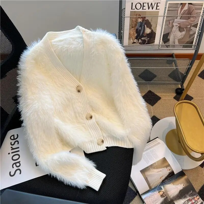 Jesen Zima Novi slatki pleteni bijeli kardigan s V izrezom i dugim rukavima Jednobojni puloveri Y2K Lazy Fashion Ženska odjeća