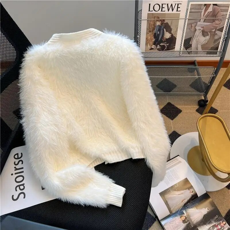 Jesen Zima Novi slatki pleteni bijeli kardigan s V izrezom i dugim rukavima Jednobojni puloveri Y2K Lazy Fashion Ženska odjeća