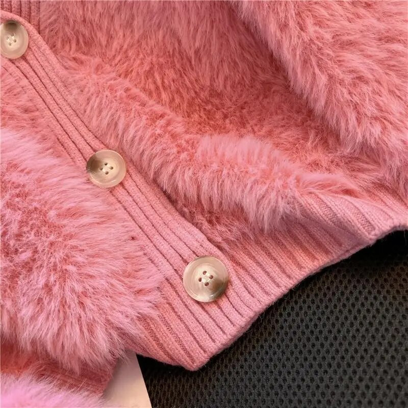 Jesen Zima Novi slatki pleteni bijeli kardigan s V izrezom i dugim rukavima Jednobojni puloveri Y2K Lazy Fashion Ženska odjeća