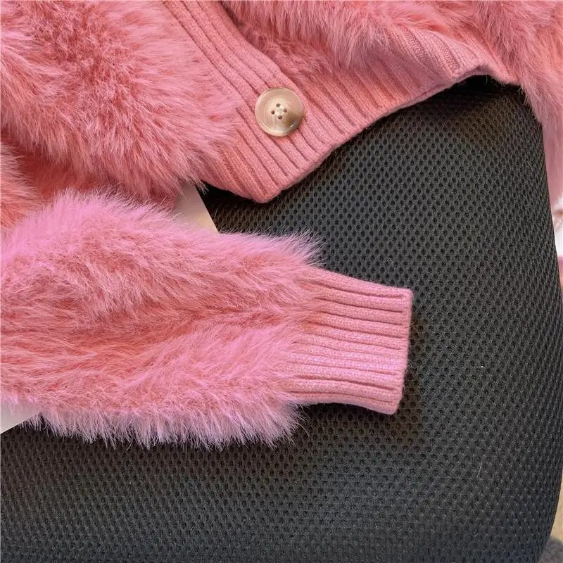 Jesen Zima Novi slatki pleteni bijeli kardigan s V izrezom i dugim rukavima Jednobojni puloveri Y2K Lazy Fashion Ženska odjeća