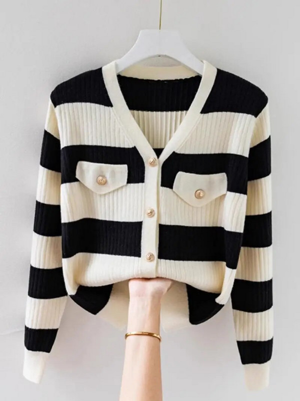 Trend Svītraina Adīšana Jaciņa Pavasaris Rudens Jauns Garas Piedurknes Kontrasts V Kakla Slim Džemperi Mode Elegants Sieviešu Apģērbs S-3XL