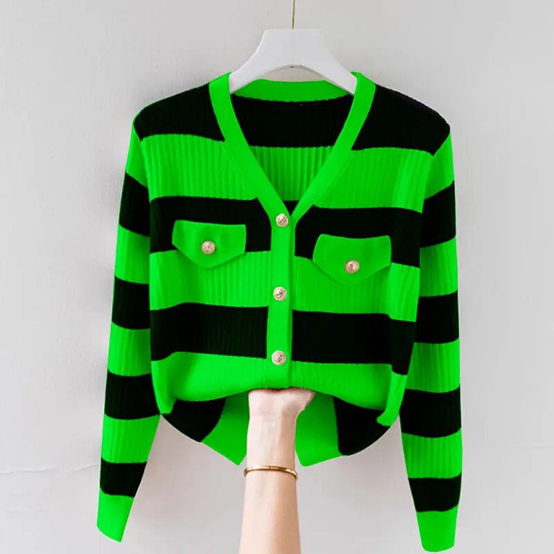 Trend Svītraina Adīšana Jaciņa Pavasaris Rudens Jauns Garas Piedurknes Kontrasts V Kakla Slim Džemperi Mode Elegants Sieviešu Apģērbs S-3XL