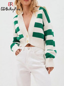 Γυναικείο πουλόβερ 2023 Φθινοπωρινό Cropped Σέξι με λαιμόκοψη V με λαιμόκοψη με μακρυμάνικο μπλουζάκι με κουμπιά και μακρυμάνικο μπλουζάκια πράσινα κοντά ριγέ πουλόβερ για γυναίκες