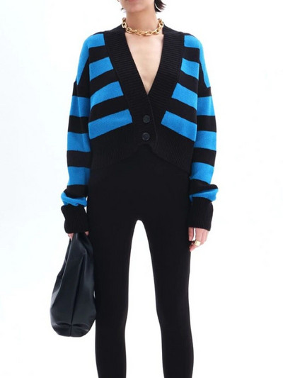 Γυναικείο πουλόβερ 2023 Φθινοπωρινό Cropped Σέξι με λαιμόκοψη V με λαιμόκοψη με μακρυμάνικο μπλουζάκι με κουμπιά και μακρυμάνικο μπλουζάκια πράσινα κοντά ριγέ πουλόβερ για γυναίκες