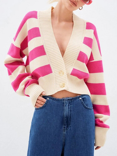 Γυναικείο πουλόβερ 2023 Φθινοπωρινό Cropped Σέξι με λαιμόκοψη V με λαιμόκοψη με μακρυμάνικο μπλουζάκι με κουμπιά και μακρυμάνικο μπλουζάκια πράσινα κοντά ριγέ πουλόβερ για γυναίκες