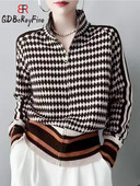 2023-as új női garbós pulóver cipzáras őszi téli elegáns kockás koreai divat alkalmi laza retro kötött női kardigán