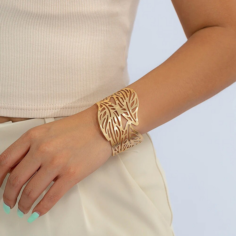 Lacteo trendikas õõnes laia mansett käevõru, lehe lille kujuga avanev kullavärvi suur käevõru naistele ehted mood punk daamid