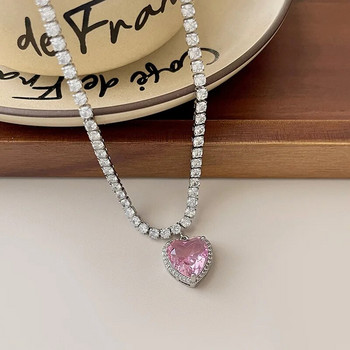 Колие с висулка с розово сърце Rhinestione за влюбени жени Ключицата с верига Чокър Женски сладък кристал, лунен камък, бижута, подаръци