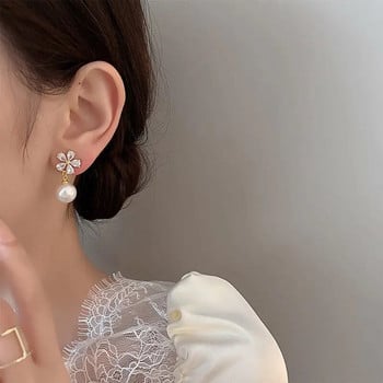 Корейски деликатен кристал, циркон, цвете, перлени обеци за жени, елегантен темперамент, сватбена обеца, модни бижута за момичета