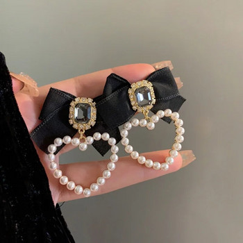 Луксозни модни черни обеци с панделка във формата на сърце с щипка за обеци с щипка с циркон и кристали Висящи обеци за дамски парти бижута