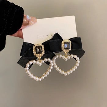 Луксозни модни черни обеци с панделка във формата на сърце с щипка за обеци с щипка с циркон и кристали Висящи обеци за дамски парти бижута