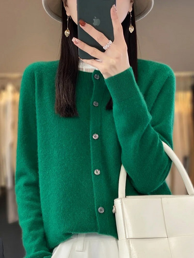 Kiváló minőségű kerek nyakú, hosszú ujjú kasmír 100% merinó gyapjú kardigán női pulóver kabát felső