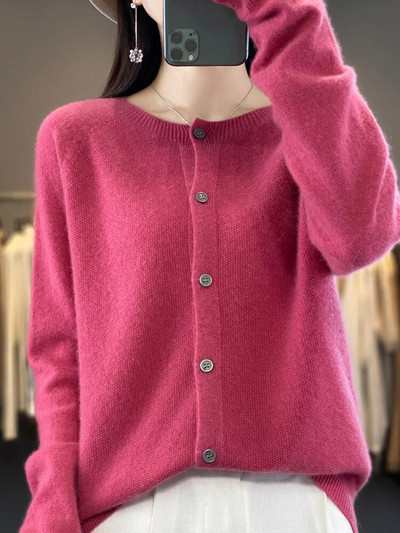 Kiváló minőségű kerek nyakú, hosszú ujjú kasmír 100% merinó gyapjú kardigán női pulóver kabát felső