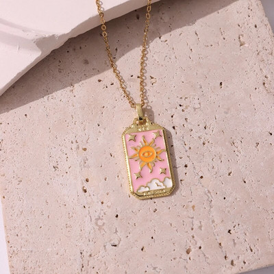 Rožinis lašinamas aliejus Punk Tarot Saulės dievas Žvaigždė Mėnulis Ranka Liepsna Dramblys Mergaitė Emalio Kvadratinis karoliai moterims Dovanos HangZhi2022 Nauja