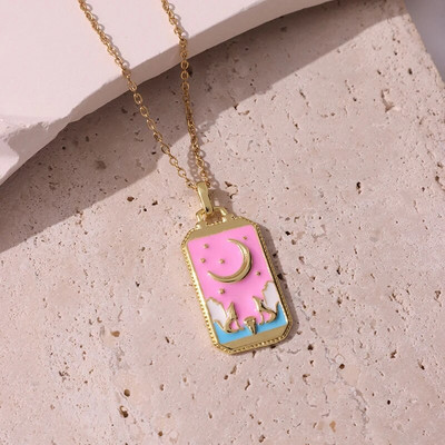 Rožinis lašinamas aliejus Punk Tarot Saulės dievas Žvaigždė Mėnulis Ranka Liepsna Dramblys Mergaitė Emalio Kvadratinis karoliai moterims Dovanos HangZhi2022 Nauja