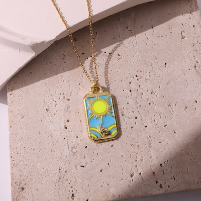 Rožinis lašinamas aliejus Punk Tarot Saulės dievas Žvaigždė Mėnulis Ranka Liepsna Dramblys Mergaitė Emalio Kvadratinis karoliai moterims Dovanos HangZhi2022 Nauja