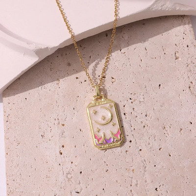 Rožinis lašinamas aliejus Punk Tarot Saulės dievas Žvaigždė Mėnulis Ranka Liepsna Dramblys Mergaitė Emalio Kvadratinis karoliai moterims Dovanos HangZhi2022 Nauja