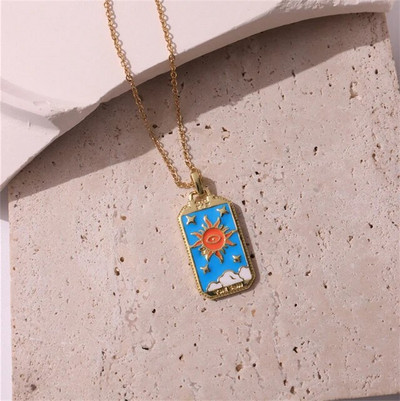 Rožinis lašinamas aliejus Punk Tarot Saulės dievas Žvaigždė Mėnulis Ranka Liepsna Dramblys Mergaitė Emalio Kvadratinis karoliai moterims Dovanos HangZhi2022 Nauja