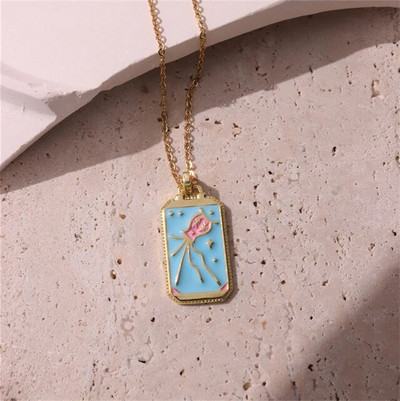 Rožinis lašinamas aliejus Punk Tarot Saulės dievas Žvaigždė Mėnulis Ranka Liepsna Dramblys Mergaitė Emalio Kvadratinis karoliai moterims Dovanos HangZhi2022 Nauja