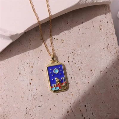 Rožinis lašinamas aliejus Punk Tarot Saulės dievas Žvaigždė Mėnulis Ranka Liepsna Dramblys Mergaitė Emalio Kvadratinis karoliai moterims Dovanos HangZhi2022 Nauja