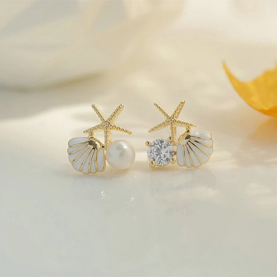 Modne naušnice s morskim zvijezdama i školjkama, asimetrične naušnice s imitacijom cirkona, jednostavne naušnice, ženski nakit za odmor na plaži