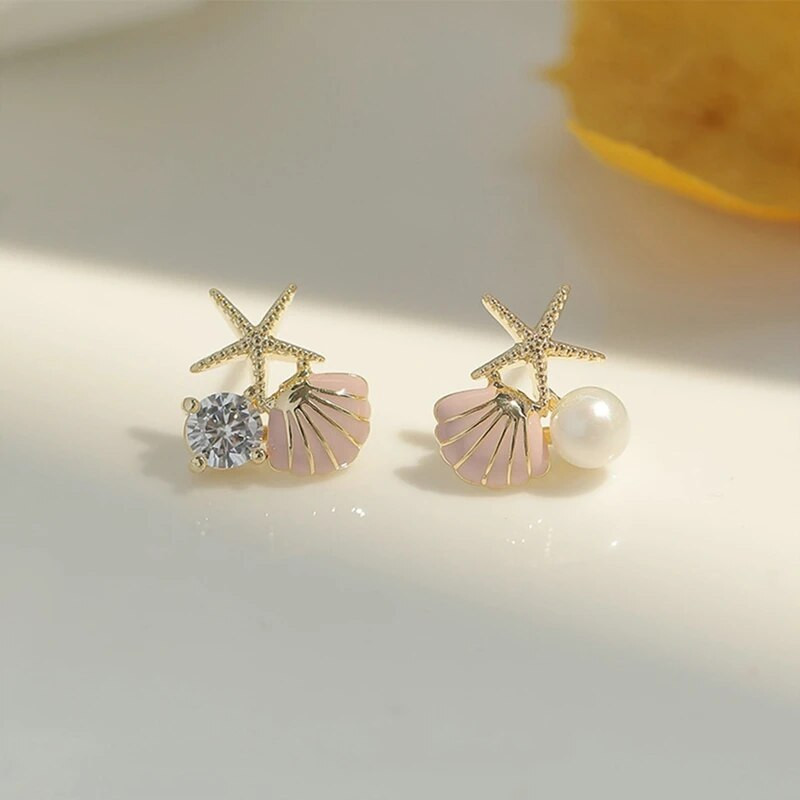 Modne naušnice s morskim zvijezdama i školjkama, asimetrične naušnice s imitacijom cirkona, jednostavne naušnice, ženski nakit za odmor na plaži