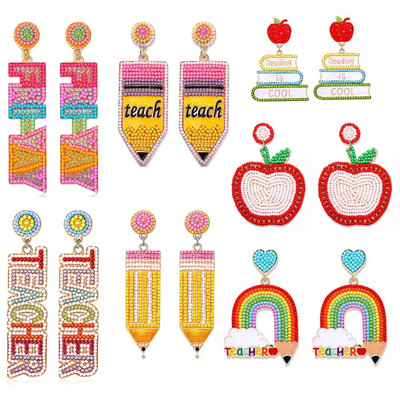 KMOKN Beaded Teacher Earrings Statement Pencil Apple Book Drop Earrings Teacher Appreciation Gifts Back to School Комплект бижута