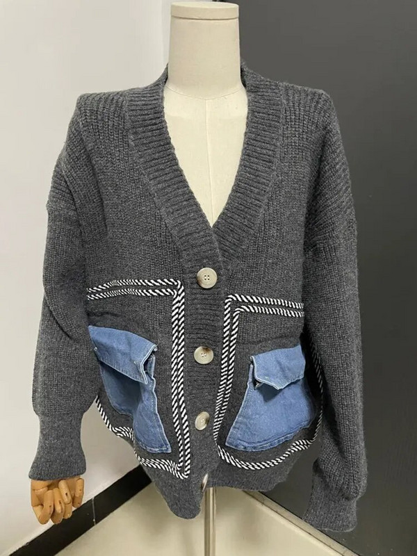 Eshin 2023. Zimski traper patchwork pleteni kardigan za žene širokog V izreza dizajna dugih rukava Y2K džemper Nove modne majice TH339