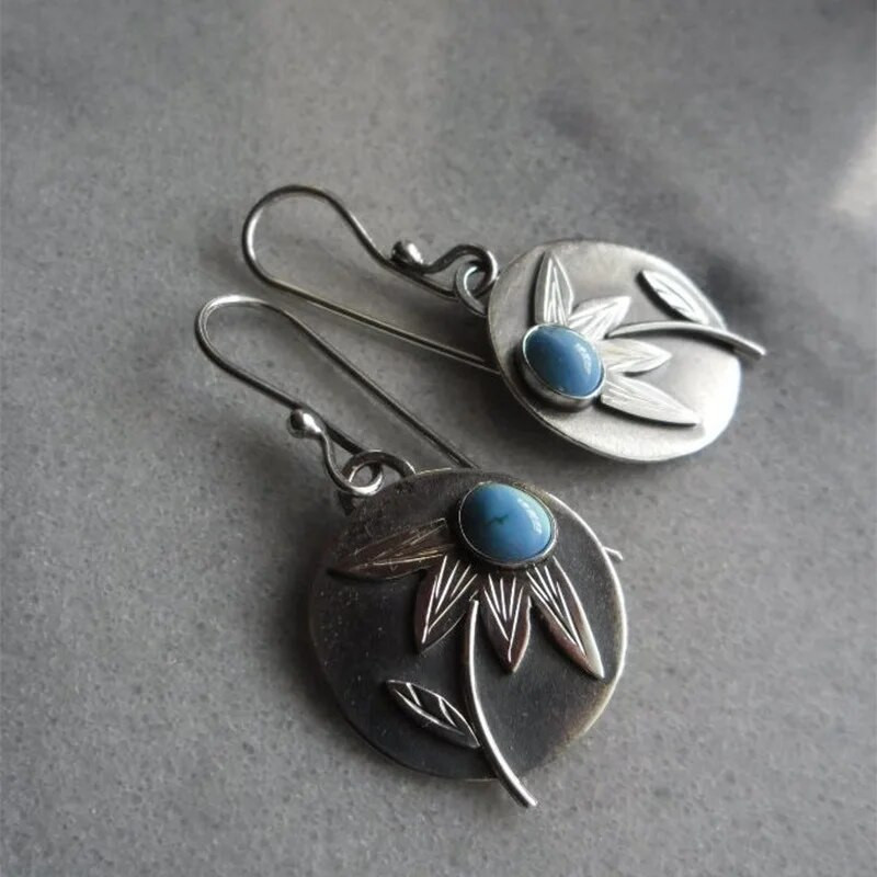 Vintage ovaalne sinine kivi boheemlaste kõrvarõngad hõbedased metallist ümmargused nikerdatud lehtede lilled konksuga kõrvarõngad naistele ehted