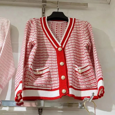 2022 m. Korėjos mados languotas trumpas megztinis, moteriškas megztinis su V kaklu, moteriškas rudens, žiemos laisvalaikio vintago mezginys