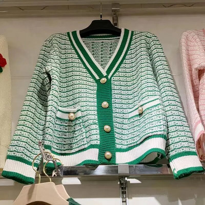 2022 m. Korėjos mados languotas trumpas megztinis, moteriškas megztinis su V kaklu, moteriškas rudens, žiemos laisvalaikio vintago mezginys