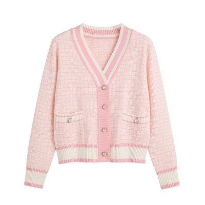 2022 m. Korėjos mados languotas trumpas megztinis, moteriškas megztinis su V kaklu, moteriškas rudens, žiemos laisvalaikio vintago mezginys