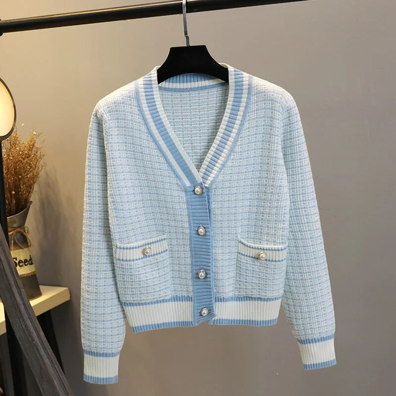 2022 m. Korėjos mados languotas trumpas megztinis, moteriškas megztinis su V kaklu, moteriškas rudens, žiemos laisvalaikio vintago mezginys