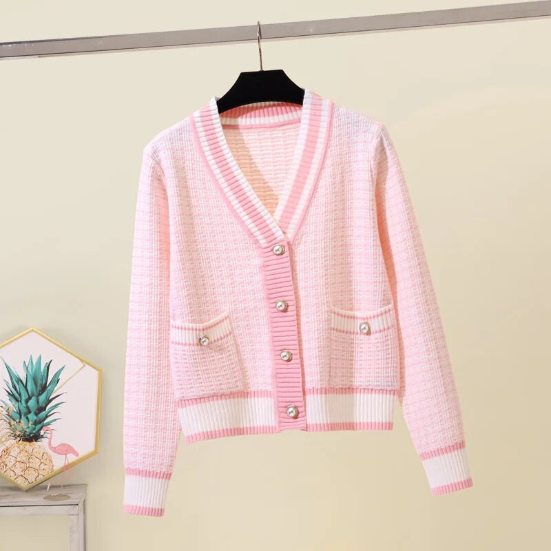 2022 m. Korėjos mados languotas trumpas megztinis, moteriškas megztinis su V kaklu, moteriškas rudens, žiemos laisvalaikio vintago mezginys