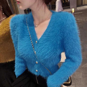 Pleteni kardigan od mohera s V izrezom, kratki bijeli džemper Retro, ležeran Lazy Oversize Sueters Džemperi za žene Jednobojna krznena jakna