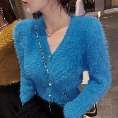 Pleteni kardigan od mohera s V izrezom, kratki bijeli džemper Retro, ležeran Lazy Oversize Sueters Džemperi za žene Jednobojna krznena jakna