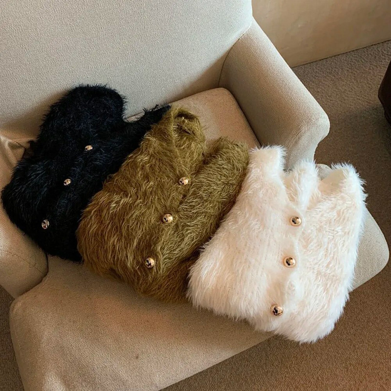 Pleteni kardigan od mohera s V izrezom, kratki bijeli džemper Retro, ležeran Lazy Oversize Sueters Džemperi za žene Jednobojna krznena jakna