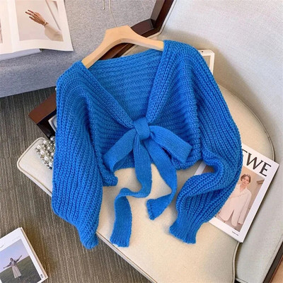 Seksi kratki džemper kaput Ženski korejski modni kardigan Ženski jesenski vintage pletivo s mašnom na vezanje Ženske široke džempere s dubokim V-izrezom