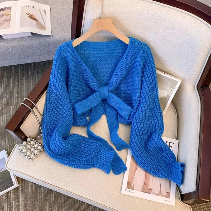 Seksi kratki džemper kaput Ženski korejski modni kardigan Ženski jesenski vintage pletivo s mašnom na vezanje Ženske široke džempere s dubokim V-izrezom