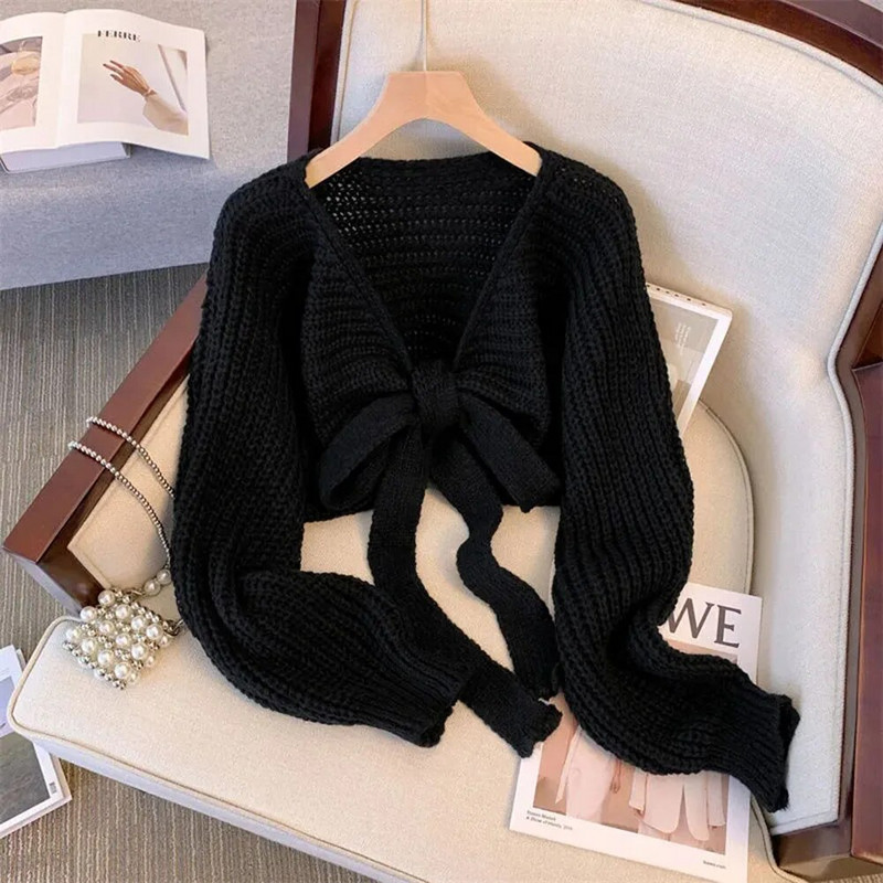 Seksi kratki džemper kaput Ženski korejski modni kardigan Ženski jesenski vintage pletivo s mašnom na vezanje Ženske široke džempere s dubokim V-izrezom