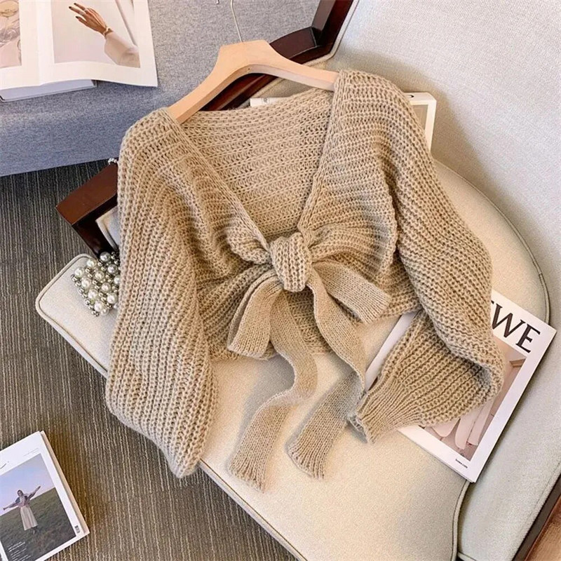 Seksi kratki džemper kaput Ženski korejski modni kardigan Ženski jesenski vintage pletivo s mašnom na vezanje Ženske široke džempere s dubokim V-izrezom