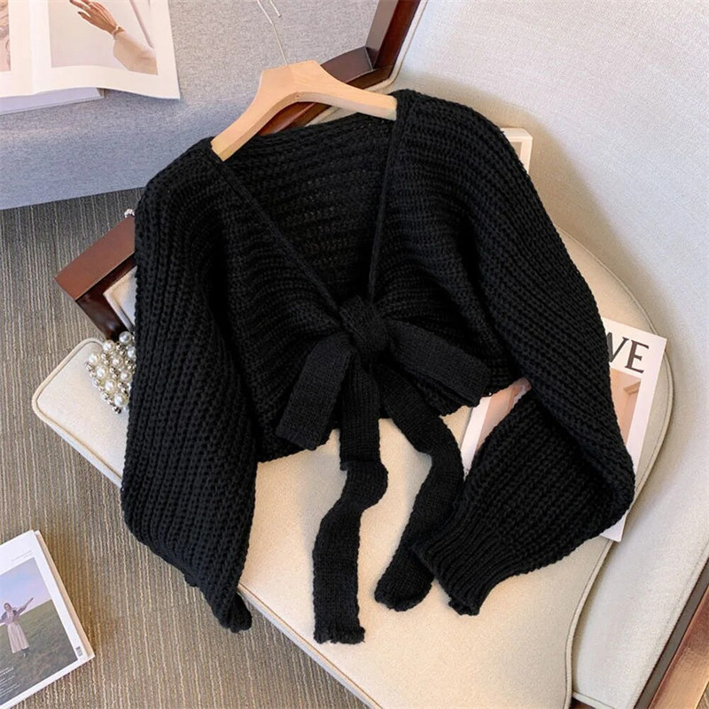 Seksi kratki džemper kaput Ženski korejski modni kardigan Ženski jesenski vintage pletivo s mašnom na vezanje Ženske široke džempere s dubokim V-izrezom