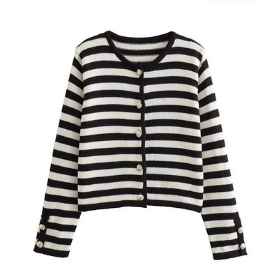 Pleteni prugasti kardigan, ženski jednoredni, ležerni, osnovni univerzalni pleteni predmeti Ženska jesenska moda 2023., skraćeni pulover s O-izrezom