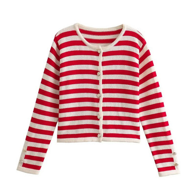 Pleteni prugasti kardigan, ženski jednoredni, ležerni, osnovni univerzalni pleteni predmeti Ženska jesenska moda 2023., skraćeni pulover s O-izrezom