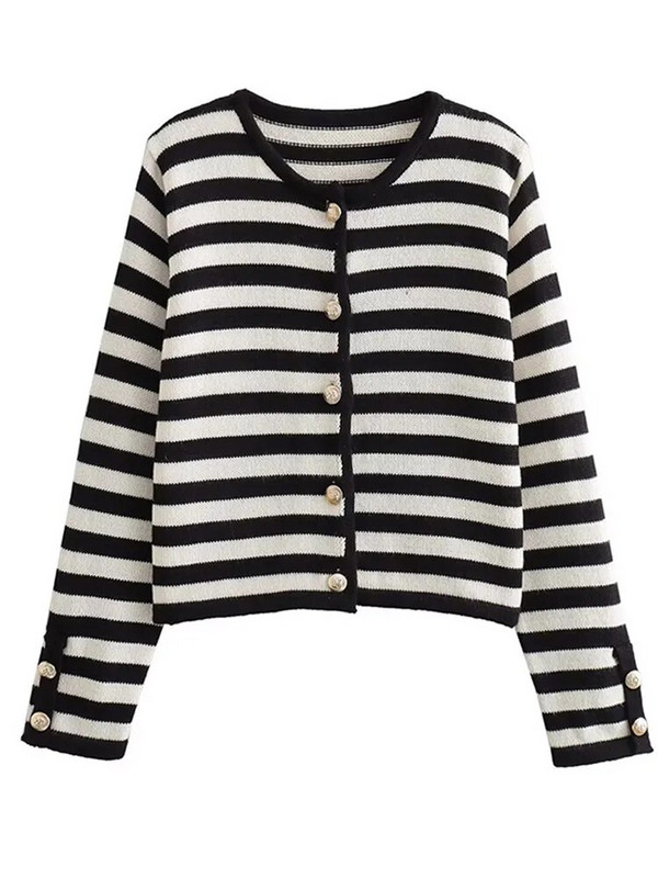Pleteni prugasti kardigan, ženski jednoredni, ležerni, osnovni univerzalni pleteni predmeti Ženska jesenska moda 2023., skraćeni pulover s O-izrezom